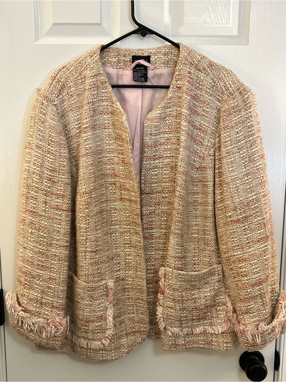 George Woman Pink Combo Tweed Fringe Open-Front Blazer Jacket Plus Size 26W/28W